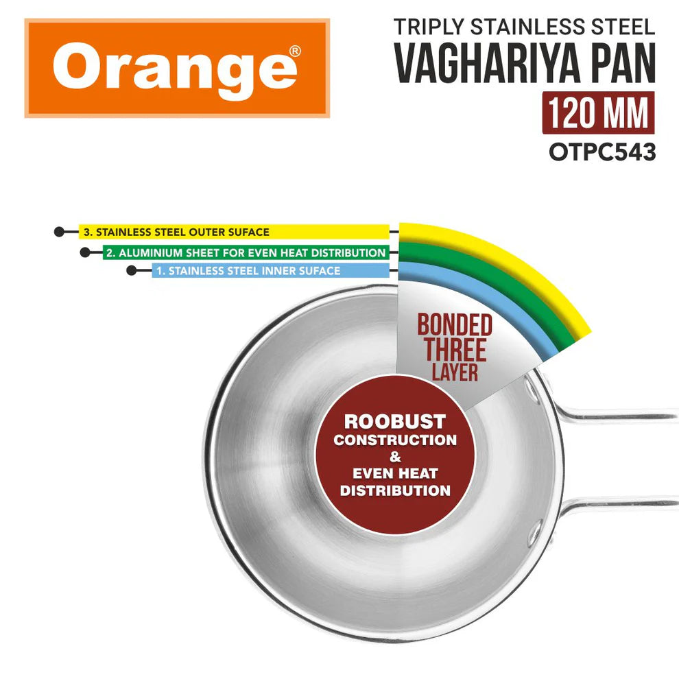 Orange Triply Stainless Steel Tadka/Vaghariya Pan 12cm | 350ml Capacity | Stay Cool Handle | Spice Seasoning, Frying & Roasting | Stable Base | Induction & Gas Friendly