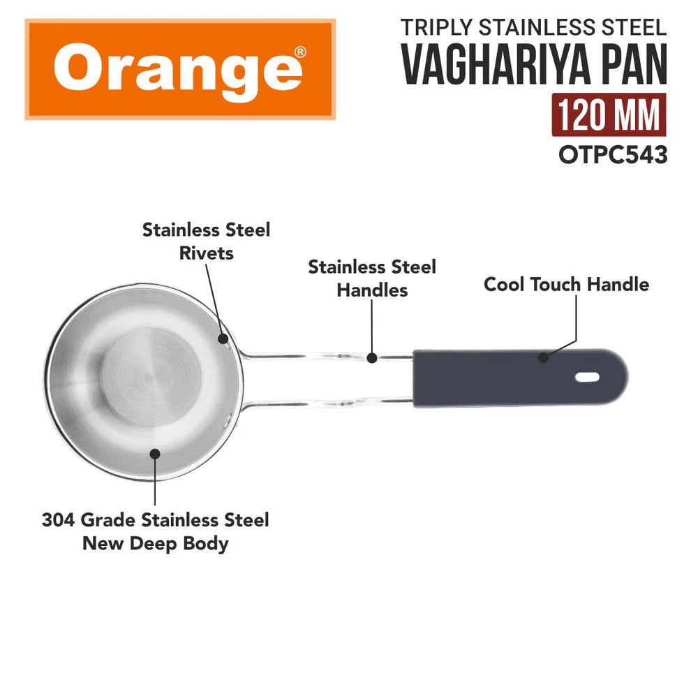 Orange Triply Stainless Steel Tadka/Vaghariya Pan 12cm | 350ml Capacity | Stay Cool Handle | Spice Seasoning, Frying & Roasting | Stable Base | Induction & Gas Friendly