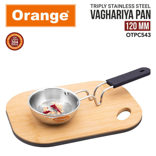 Orange Triply Stainless Steel Tadka/Vaghariya Pan 12cm | 350ml Capacity | Stay Cool Handle | Spice Seasoning, Frying & Roasting | Stable Base | Induction & Gas Friendly