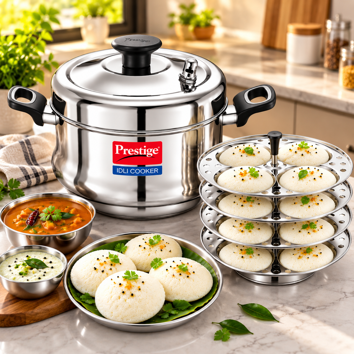 Prestige 4 Plate Stainless Steel Idli Cooker | Gas & Induction Compatible | Steam Vent