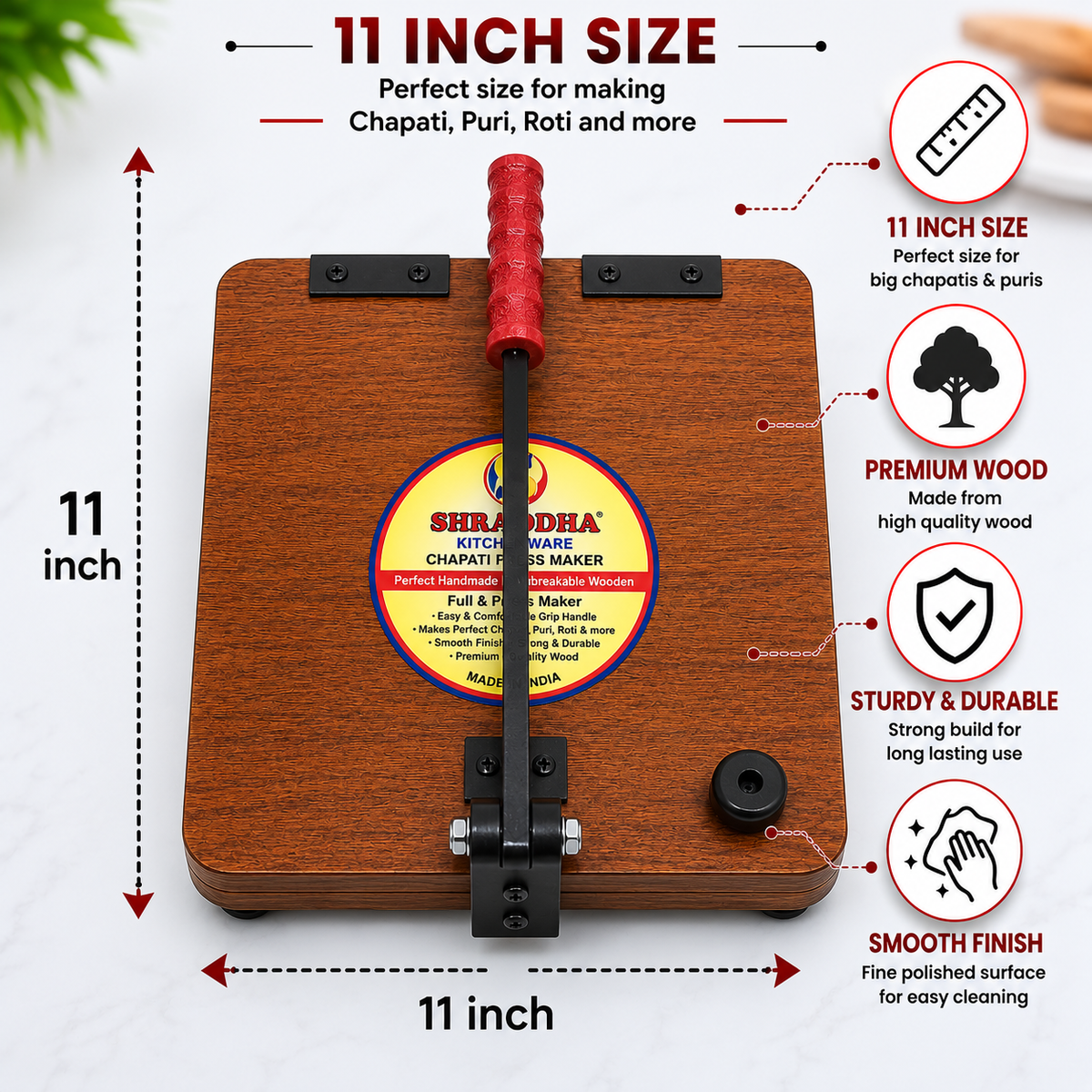 Square Shraddha Chapati Press 11 Inch – Premium Wood | Makes Uniform Round Chapati, Roti, Puri, Paratha & Papad | Ergonomic Grip Handle | Easy to Use