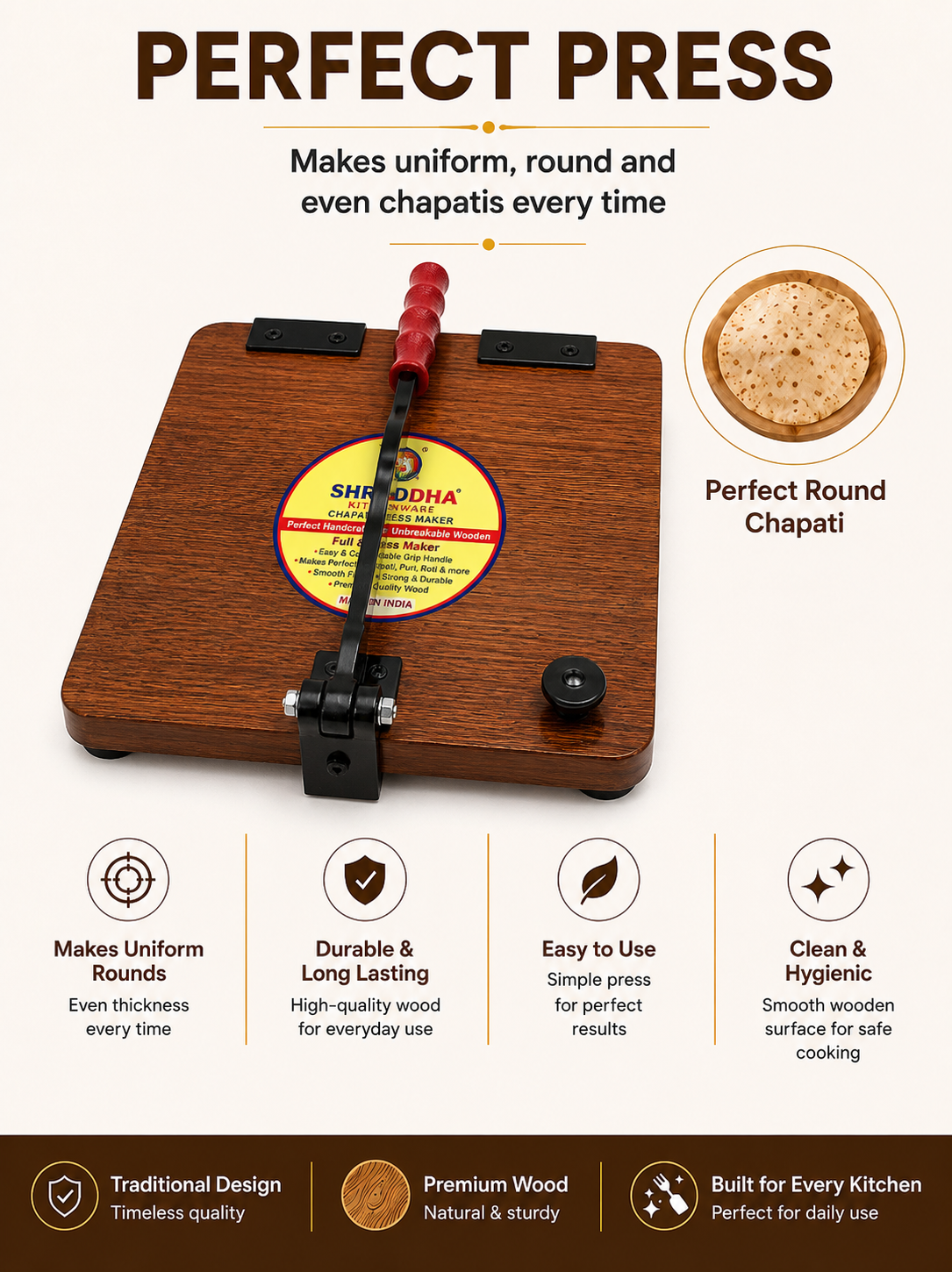 Square Shraddha Chapati Press 11 Inch – Premium Wood | Makes Uniform Round Chapati, Roti, Puri, Paratha & Papad | Ergonomic Grip Handle | Easy to Use