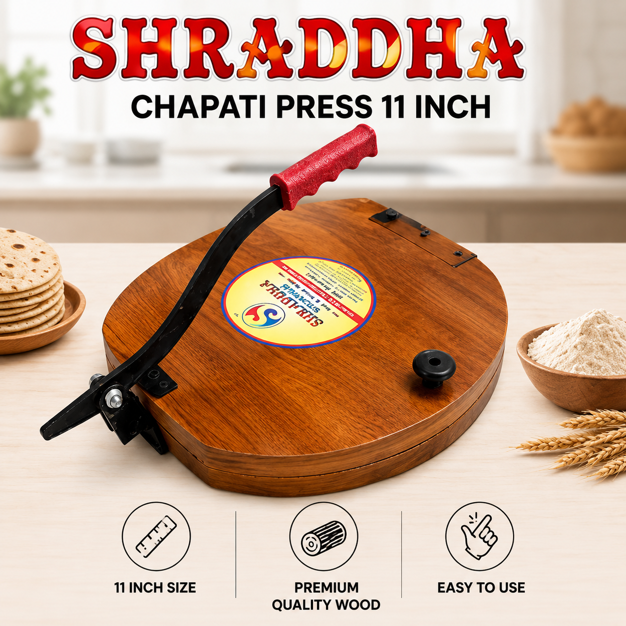 Shraddha Chapati Press 11 Inch – Premium Wood | Makes Uniform Round Chapati, Roti, Puri, Paratha & Papad | Ergonomic Grip Handle | Easy to Use