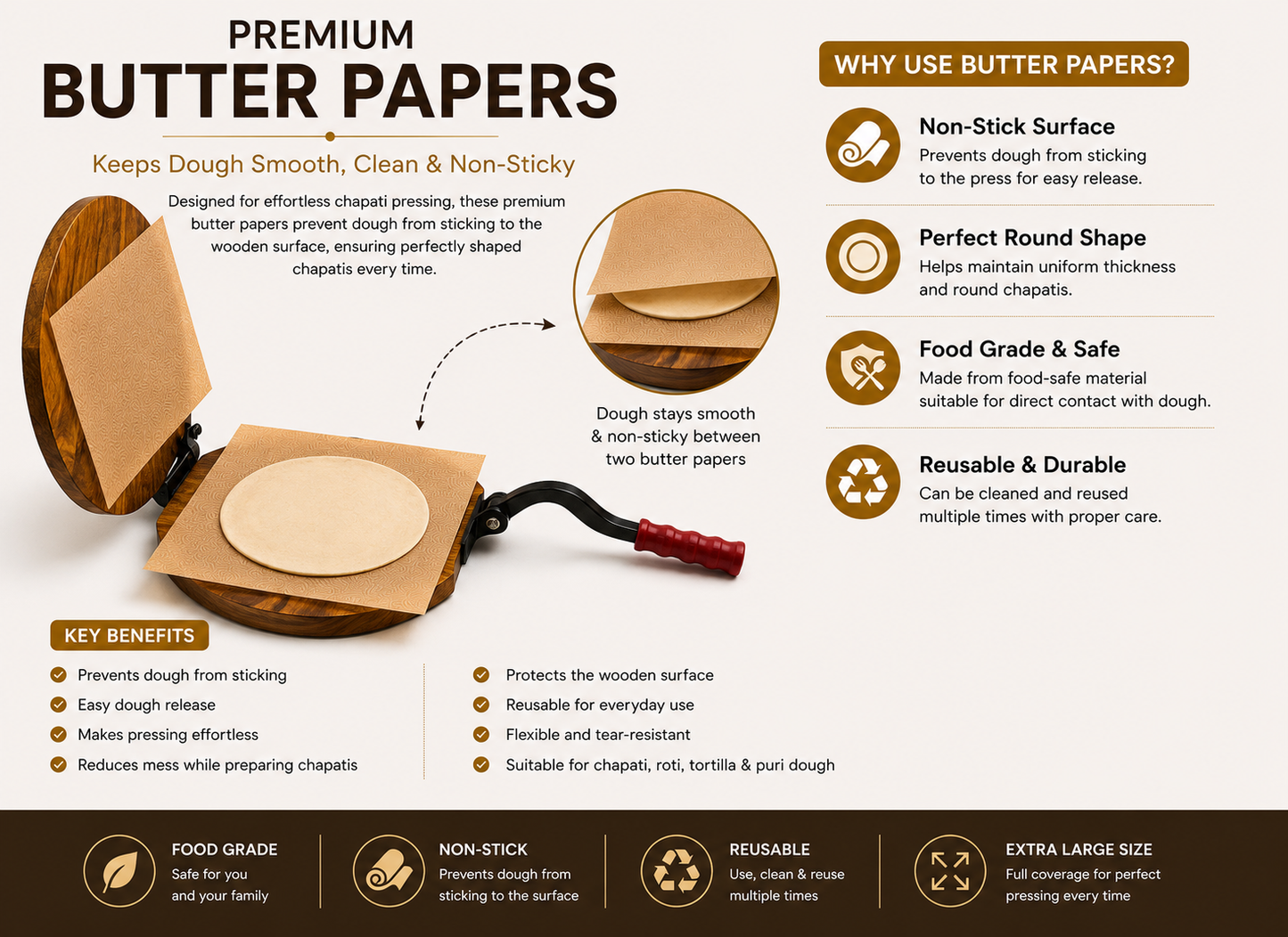 Butter Paper Sheets ([2] Sheets, [30 * 30] cm) – Non-Stick Parchment Paper for Roti Maker |Obbattu | Puran Poli | Food Grade | Grease-Proof | for Baking | Cooking