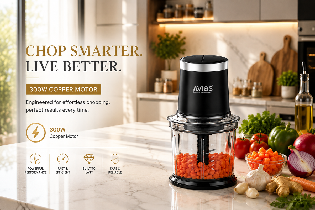 Avias Avismart Electric Vegetable Chopper — 300W Copper Motor, 2 Speed Modes, 900ml Bowl, 4 Stainless Steel Blades | Chops in 10 Seconds | 2-Year Warranty