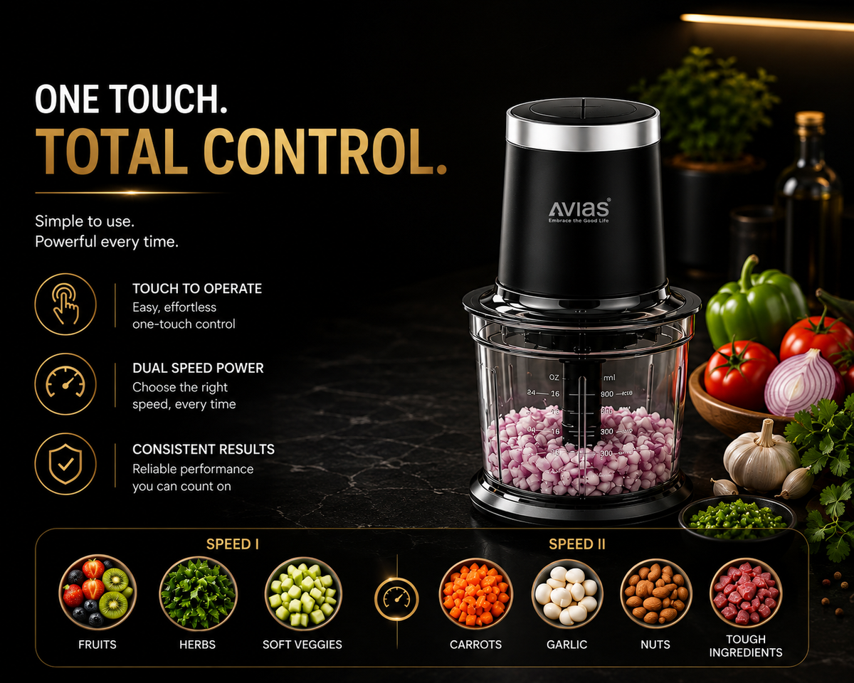 Avias Avismart Electric Vegetable Chopper — 300W Copper Motor, 2 Speed Modes, 900ml Bowl, 4 Stainless Steel Blades | Chops in 10 Seconds | 2-Year Warranty