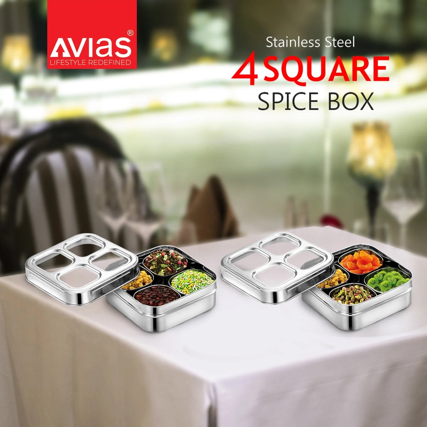 Avias 4-Square Stainless Steel Spice Box | Masala Dabba | Dry Fruit Box | See-Through Lid