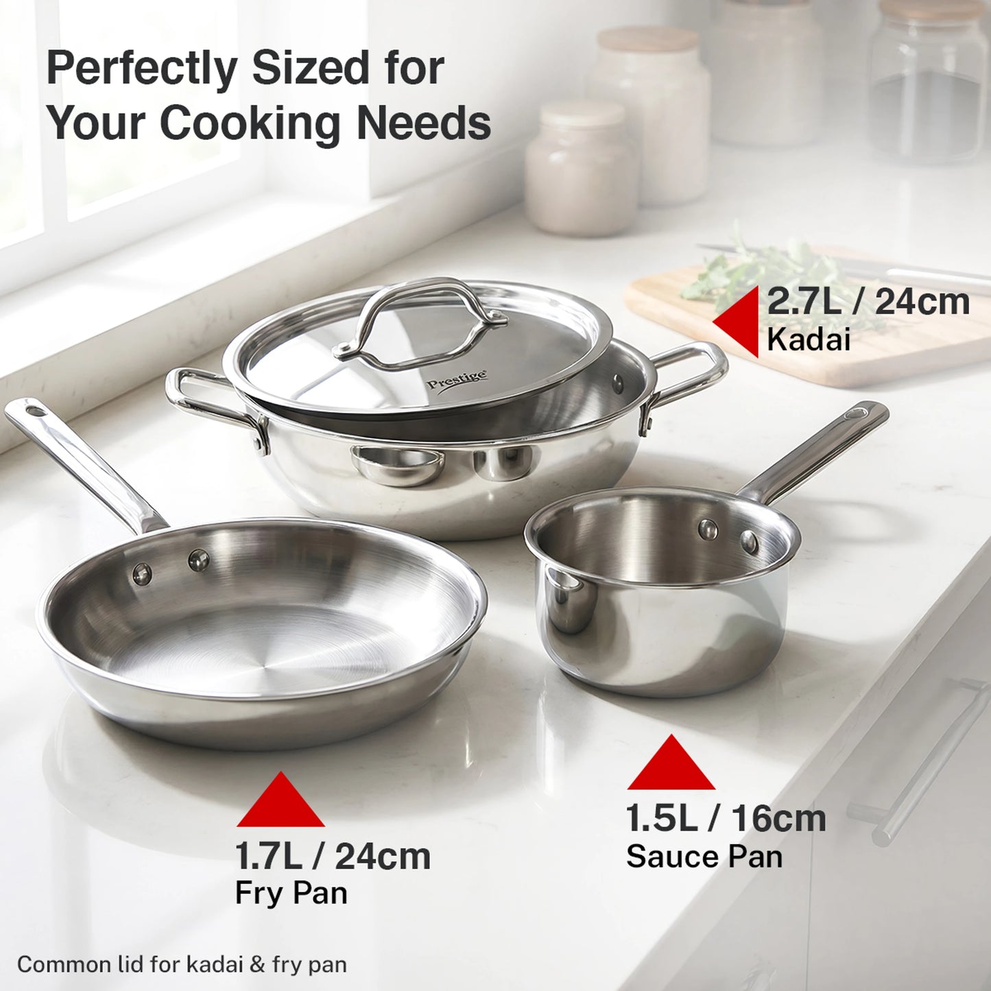 Prestige TriPly 3 pcs BYK-Fry Pan 24cm/1.7L+Kadai 24cm/2.7L SS Lid, Sauce Pan 16cm/1.5L Induction Bottom Cookware Set (Triply, 3 - Piece)