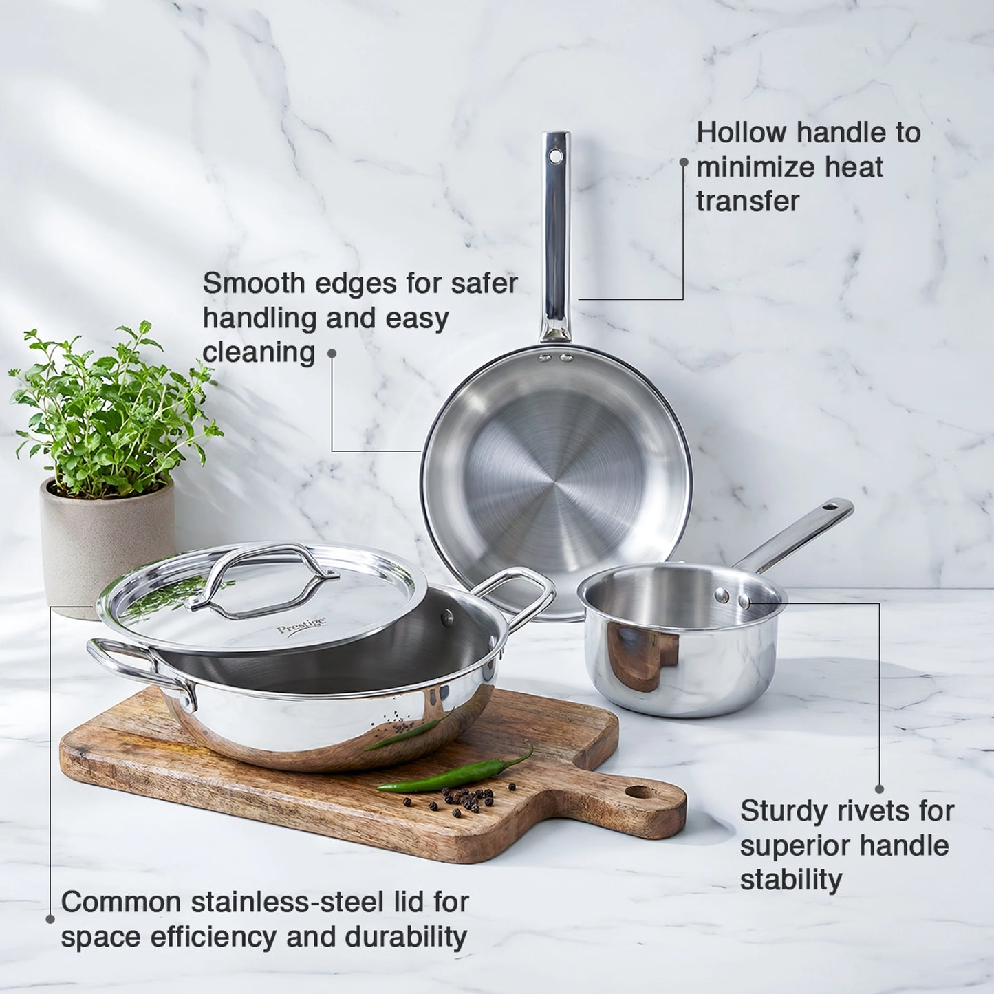 Prestige TriPly 3 pcs BYK-Fry Pan 24cm/1.7L+Kadai 24cm/2.7L SS Lid, Sauce Pan 16cm/1.5L Induction Bottom Cookware Set (Triply, 3 - Piece)