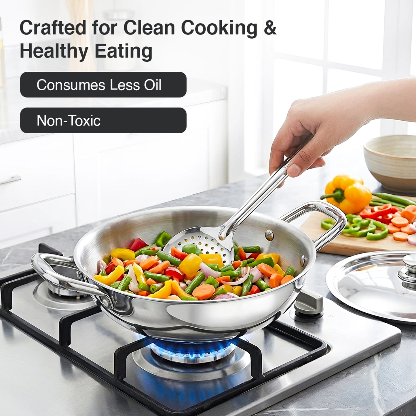Prestige Triply Splendid BYK 4-Piece Cookware Set | Fry Pan (22cm), Sauce Pan (14cm), Kadai (22cm) & Stainless Steel Lid | Induction & Gas Compatible