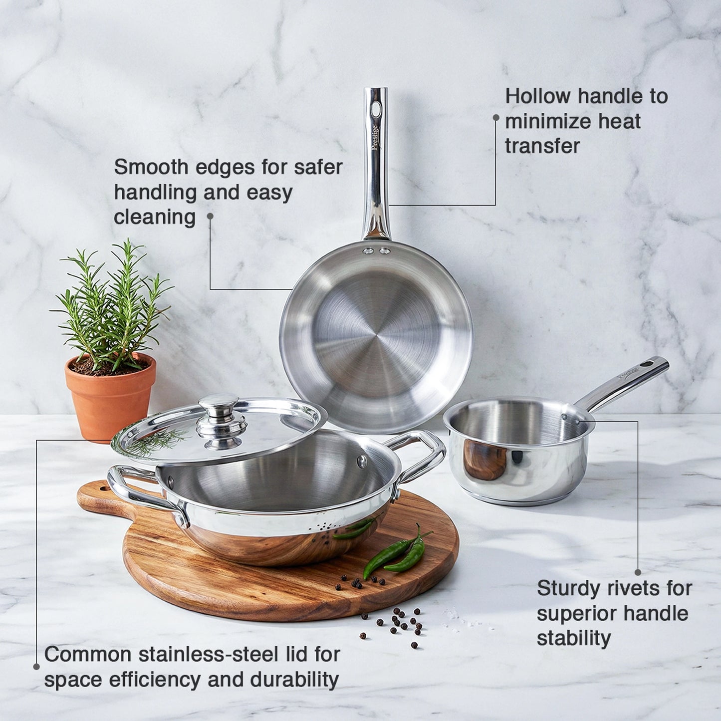Prestige Triply Splendid BYK 4-Piece Cookware Set | Fry Pan (22cm), Sauce Pan (14cm), Kadai (22cm) & Stainless Steel Lid | Induction & Gas Compatible