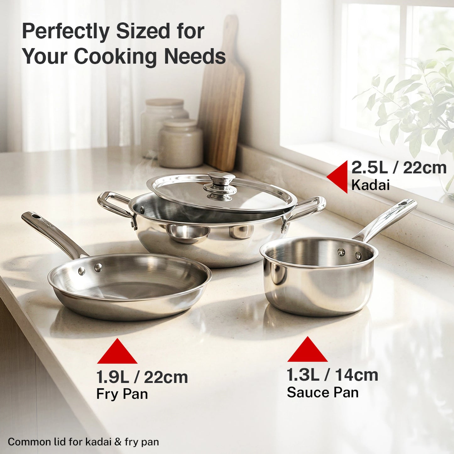 Prestige Triply Splendid BYK 4-Piece Cookware Set | Fry Pan (22cm), Sauce Pan (14cm), Kadai (22cm) & Stainless Steel Lid | Induction & Gas Compatible