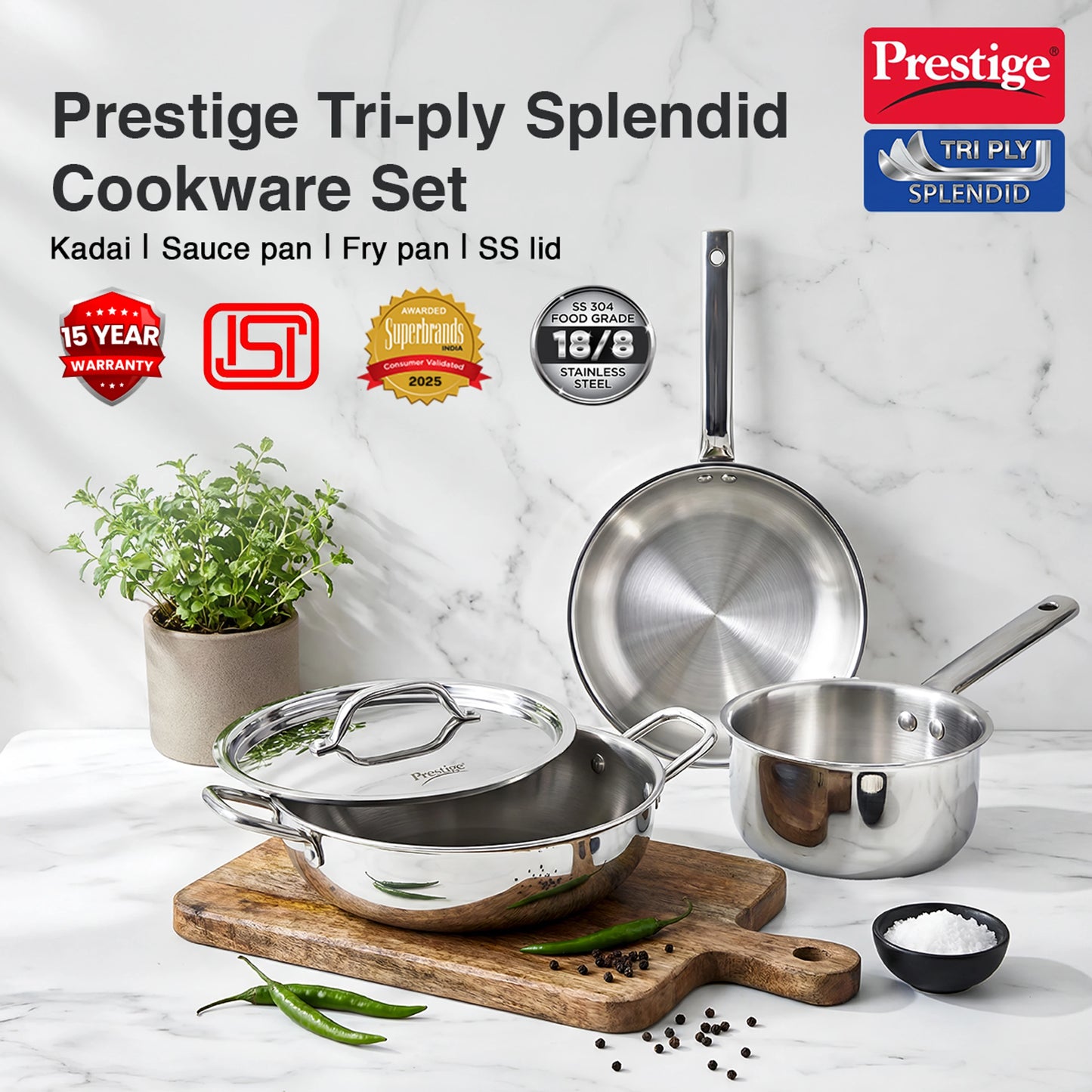 Prestige Triply Splendid BYK 4-Piece Cookware Set | Fry Pan (22cm), Sauce Pan (14cm), Kadai (22cm) & Stainless Steel Lid | Induction & Gas Compatible