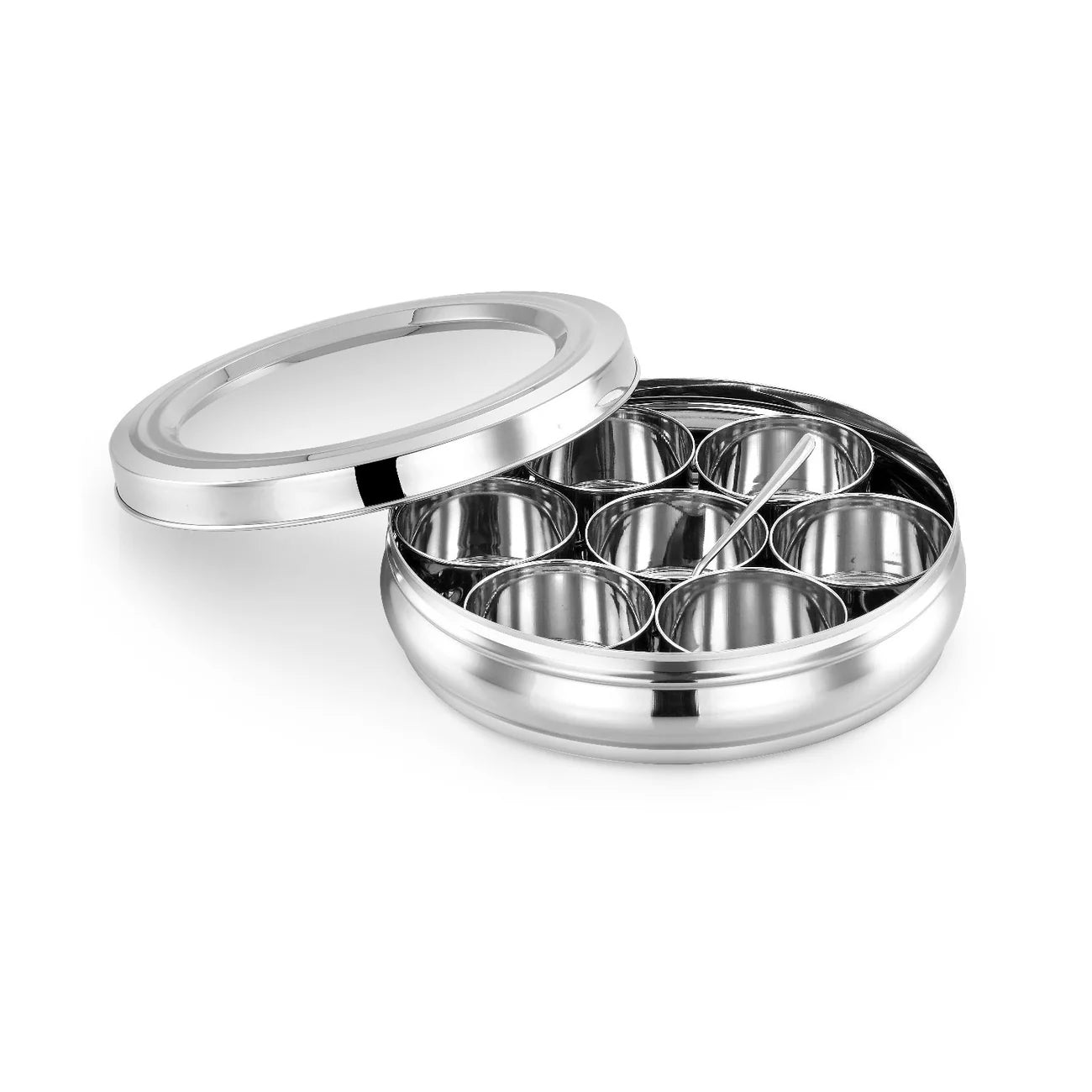 Avias Deluxe Stainless Steel Spice Box | Masala Dabba | 7 Compartments Medium | See-Through Lid