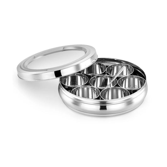 Avias Deluxe Stainless Steel Spice Box | Masala Dabba | 7 Compartments Medium | See-Through Lid