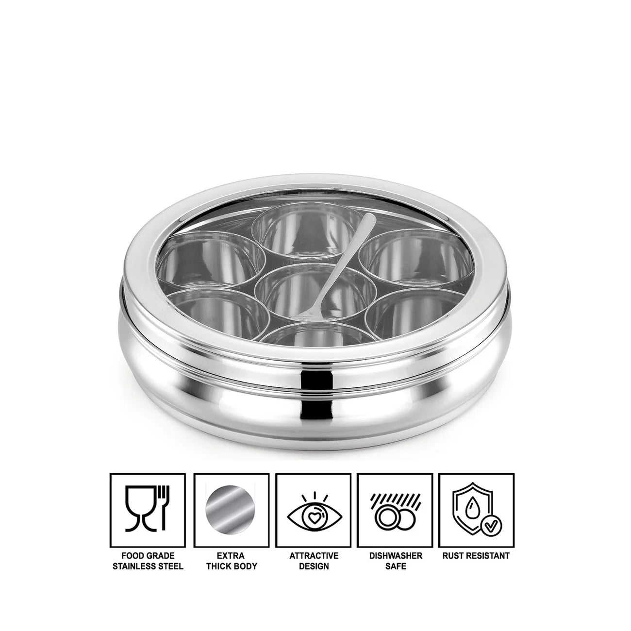 Avias Deluxe Stainless Steel Spice Box | Masala Dabba | 7 Compartments Medium | See-Through Lid