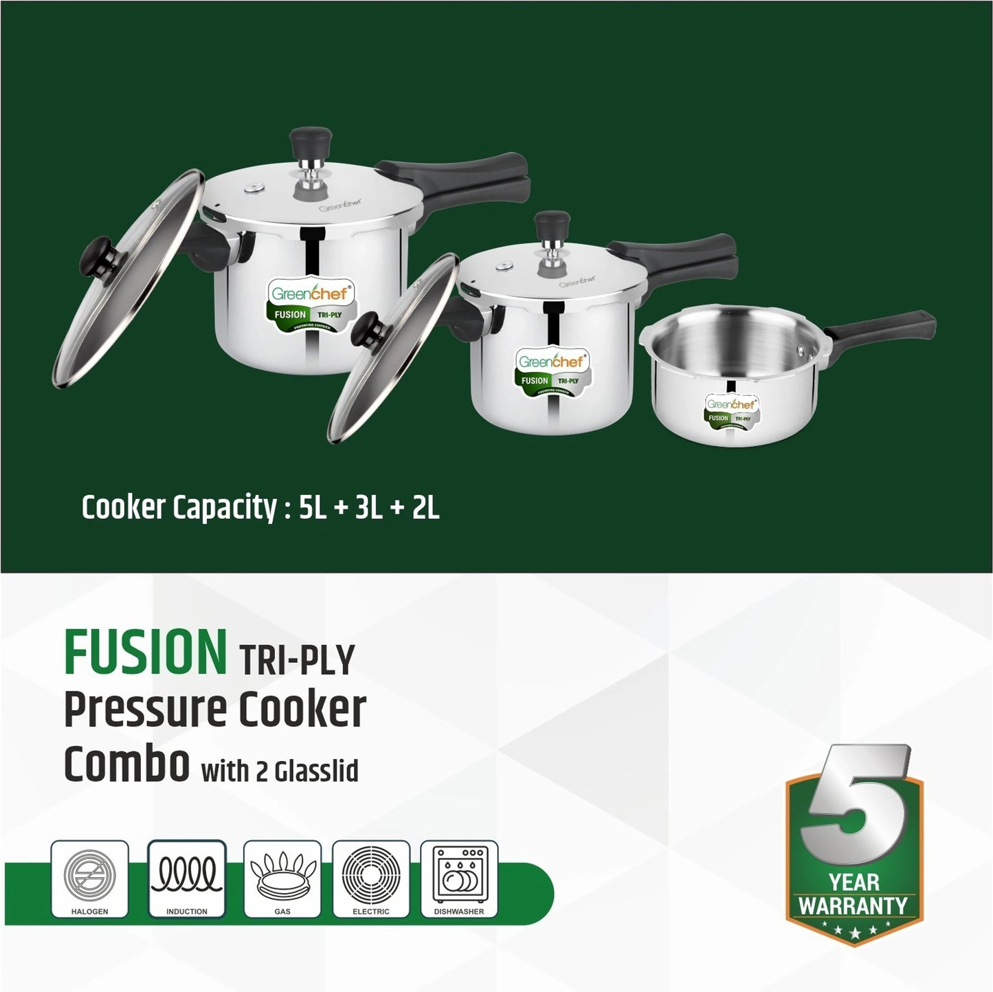 Greenchef Fusion Tri-Ply Pressure Cooker Combo 5 L, 3 L, 2 L Induction Bottom Pressure Cooker & Pressure Pan
