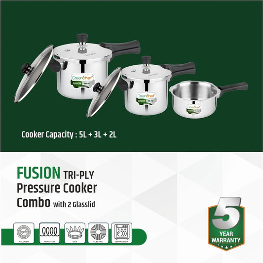 Greenchef Fusion Tri-Ply Pressure Cooker Combo 5 L, 3 L, 2 L Induction Bottom Pressure Cooker & Pressure Pan