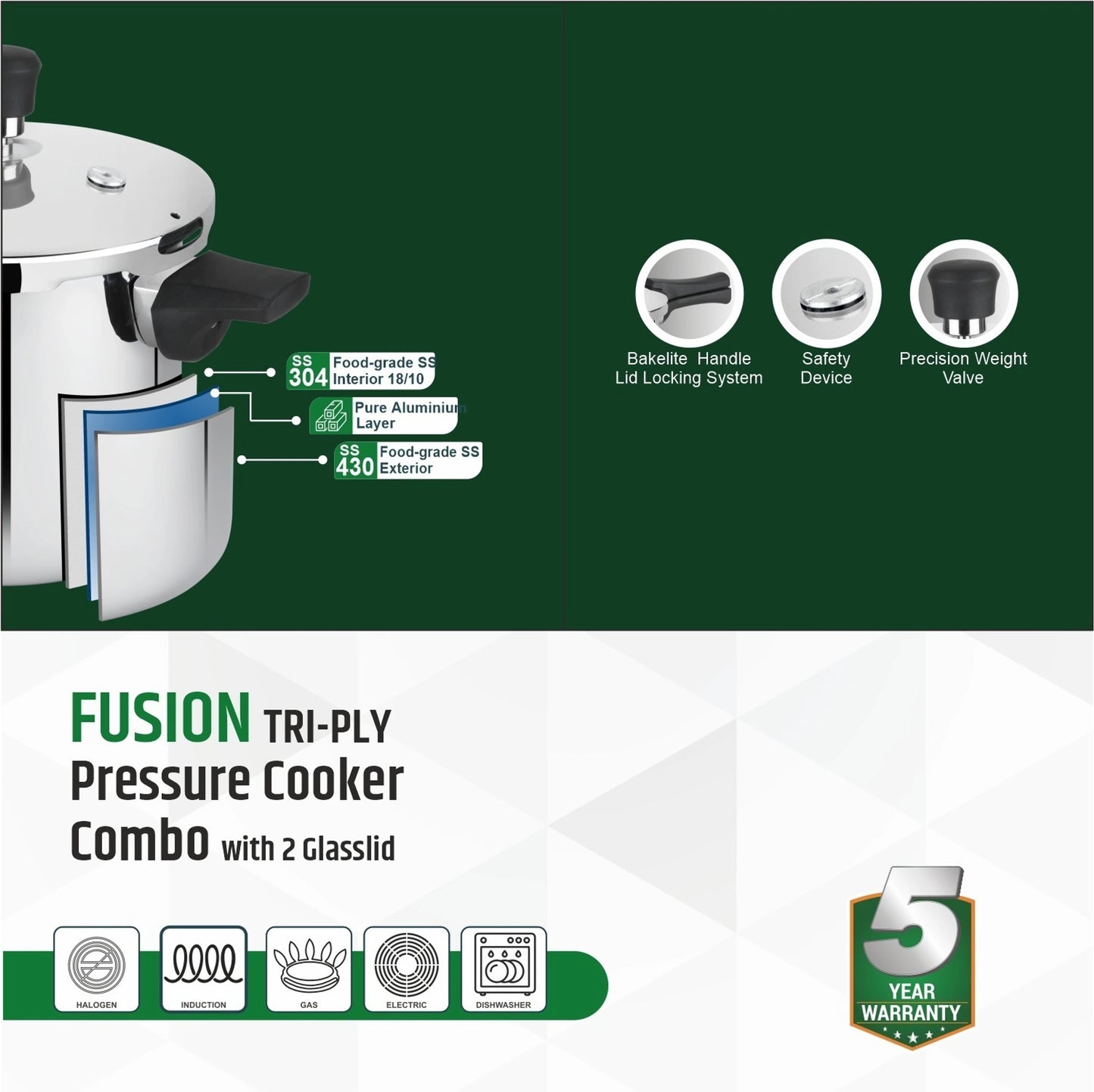 Greenchef Fusion Tri-Ply Pressure Cooker Combo 5 L, 3 L, 2 L Induction Bottom Pressure Cooker & Pressure Pan