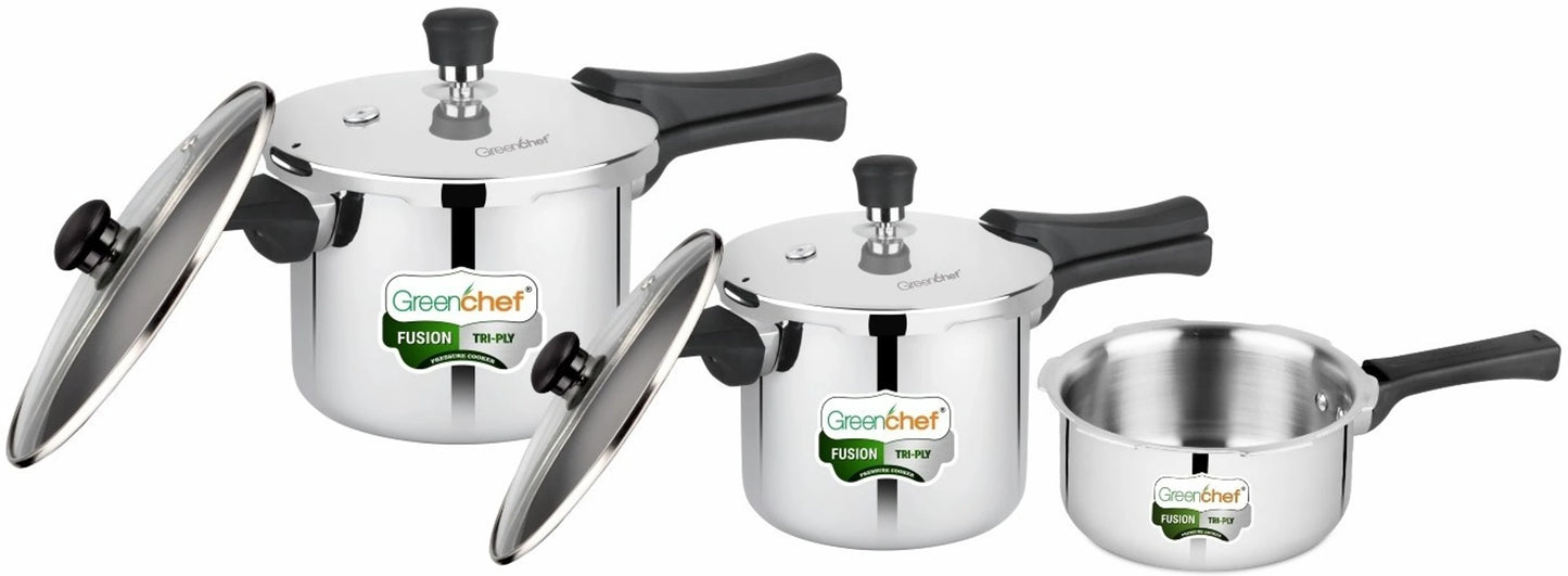 Greenchef Fusion Tri-Ply Pressure Cooker Combo 5 L, 3 L, 2 L Induction Bottom Pressure Cooker & Pressure Pan