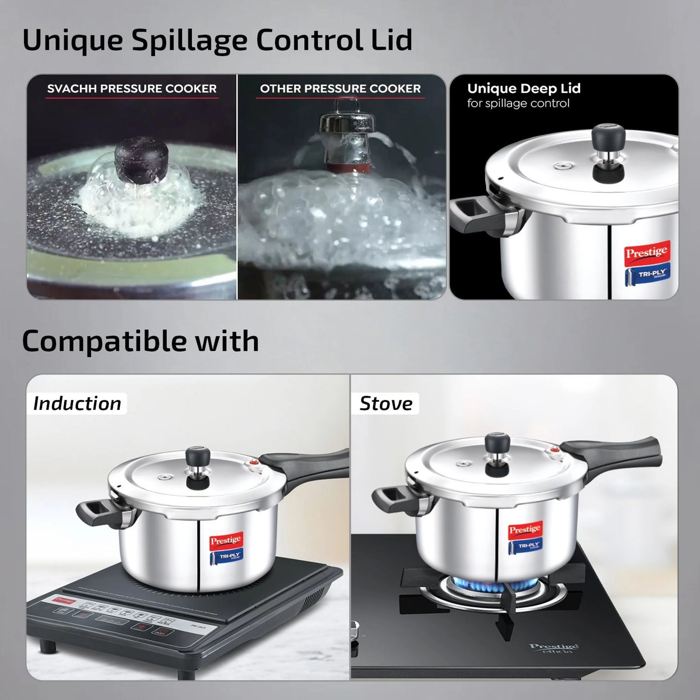 Prestige Tri-Ply Svachh Combi Pack (Outer Lid) 5 L, 3 L Induction Bottom Pressure Cooker (Triply)