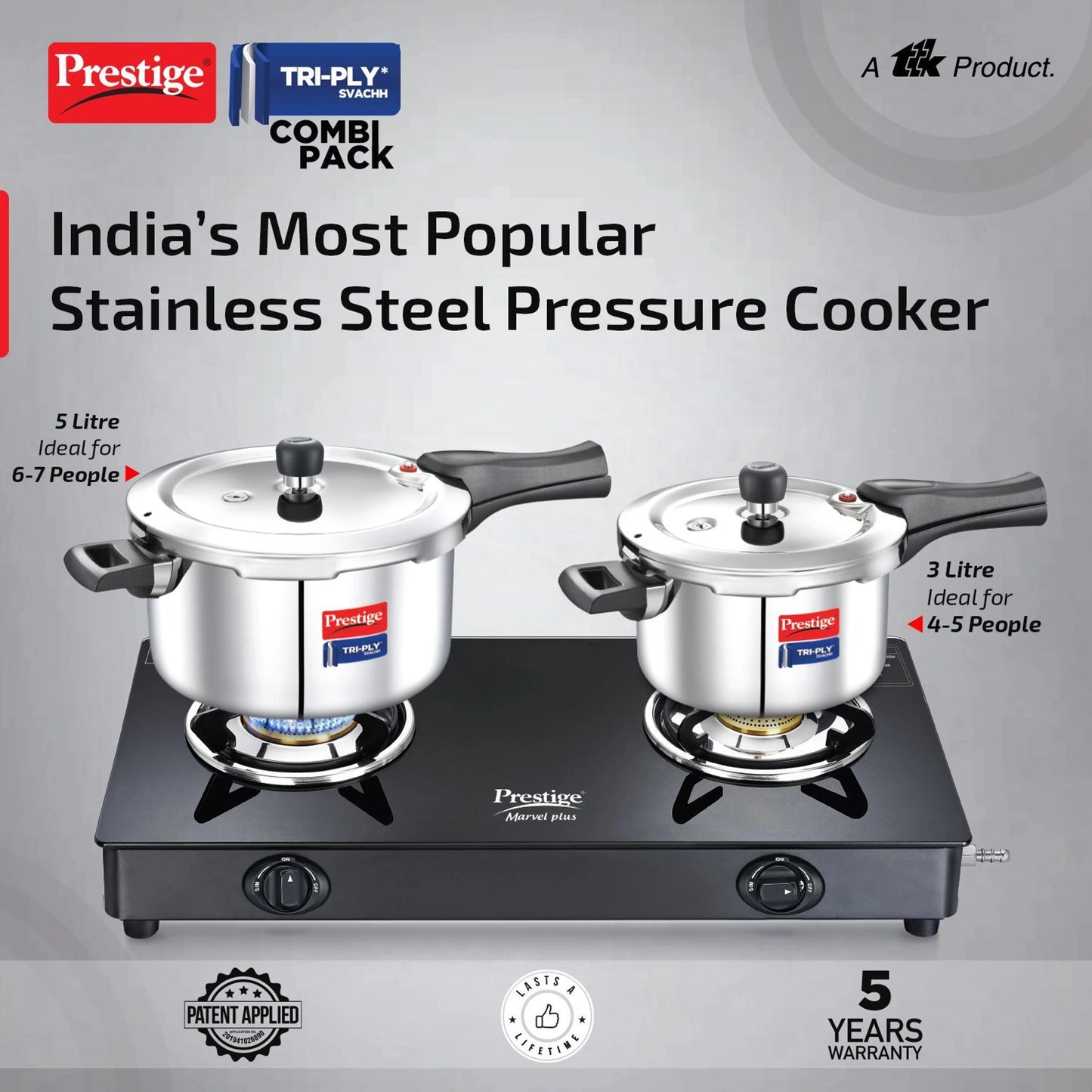 Prestige Tri-Ply Svachh Combi Pack (Outer Lid) 5 L, 3 L Induction Bottom Pressure Cooker (Triply)