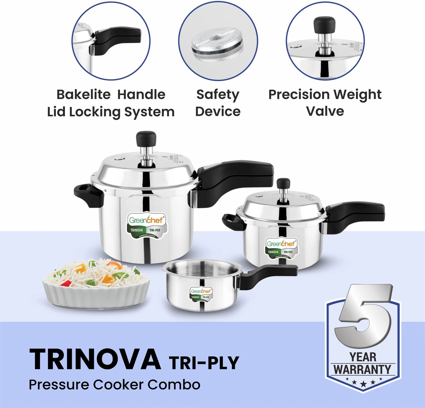 Greenchef Trinova Tri-Ply Stainless Steel Pressure Cooker Combo — 5L + 3L + 2L | Outer Lid | Induction & Gas Compatible | 5 Year Warranty