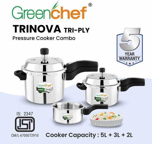 Greenchef Trinova Tri-Ply Stainless Steel Pressure Cooker Combo — 5L + 3L + 2L | Outer Lid | Induction & Gas Compatible | 5 Year Warranty