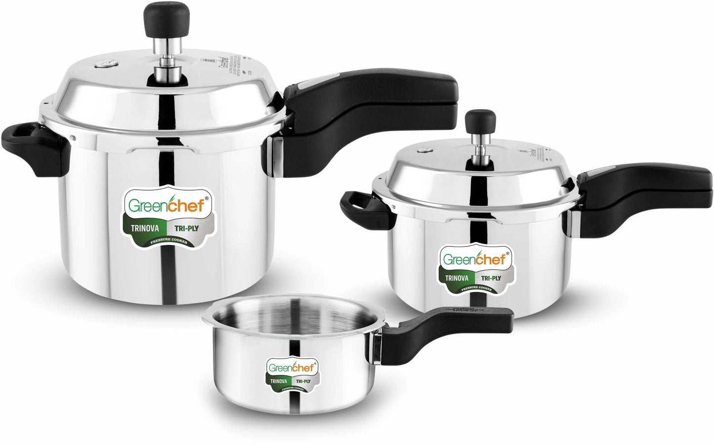 Greenchef Trinova Tri-Ply Stainless Steel Pressure Cooker Combo — 5L + 3L + 2L | Outer Lid | Induction & Gas Compatible | 5 Year Warranty