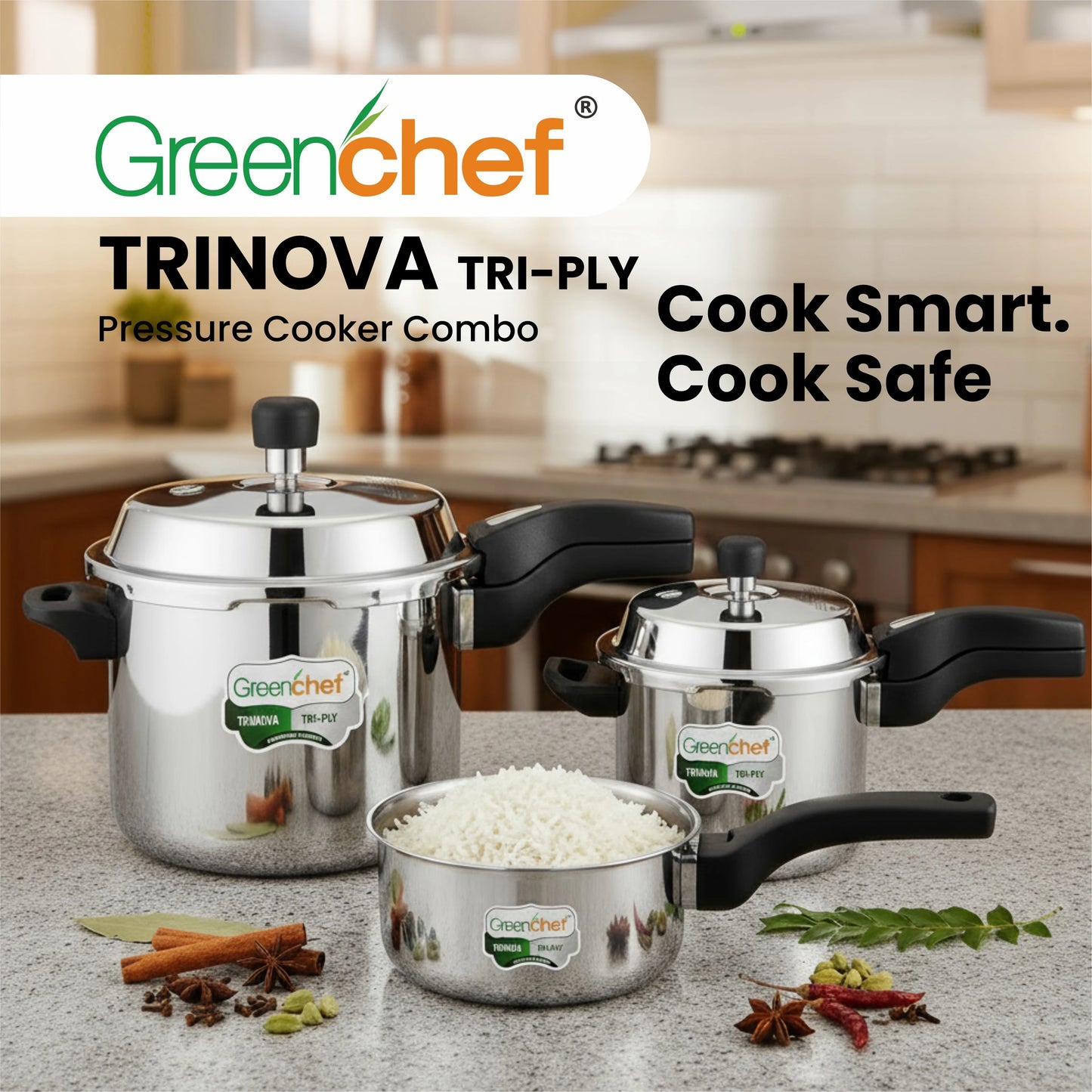 Greenchef Trinova Tri-Ply Stainless Steel Pressure Cooker Combo — 5L + 3L + 2L | Outer Lid | Induction & Gas Compatible | 5 Year Warranty